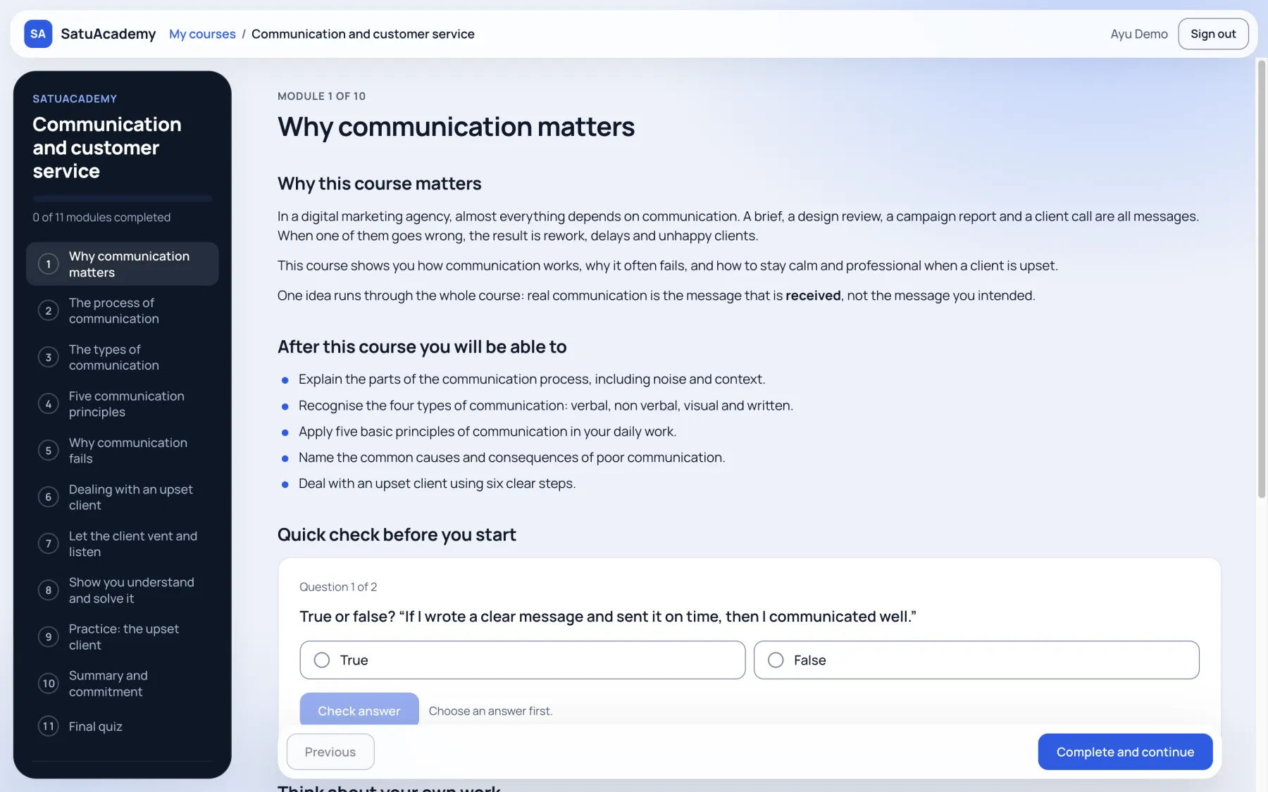 A course in the app: modules on the left, the lesson and a quick-check question on the right.